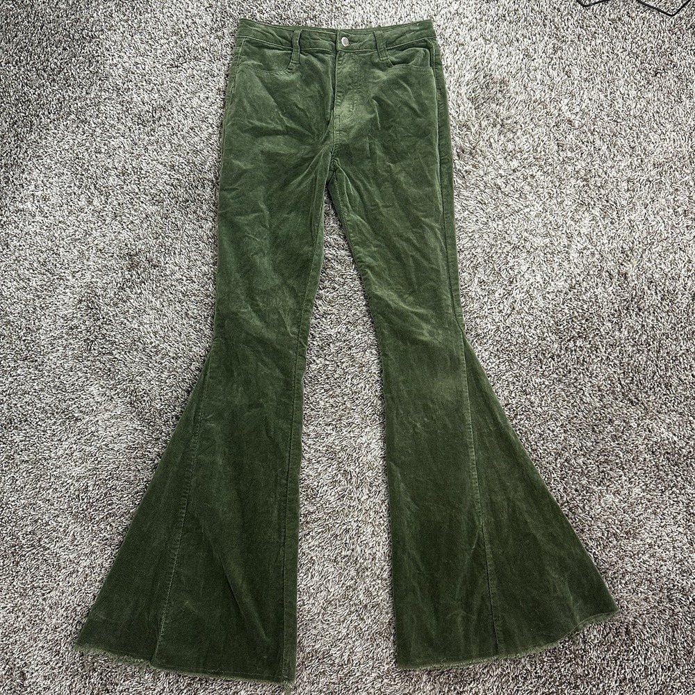 Green Corduroy Pants Women's Skinny Fit Long Flared Bell Bottom Raw Hem Boho